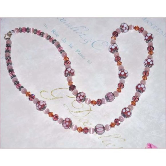 Pink Lampwork Beaded Necklace With Antique Silver Beads & Rose Swarovski Beads - Picture 5 of 5